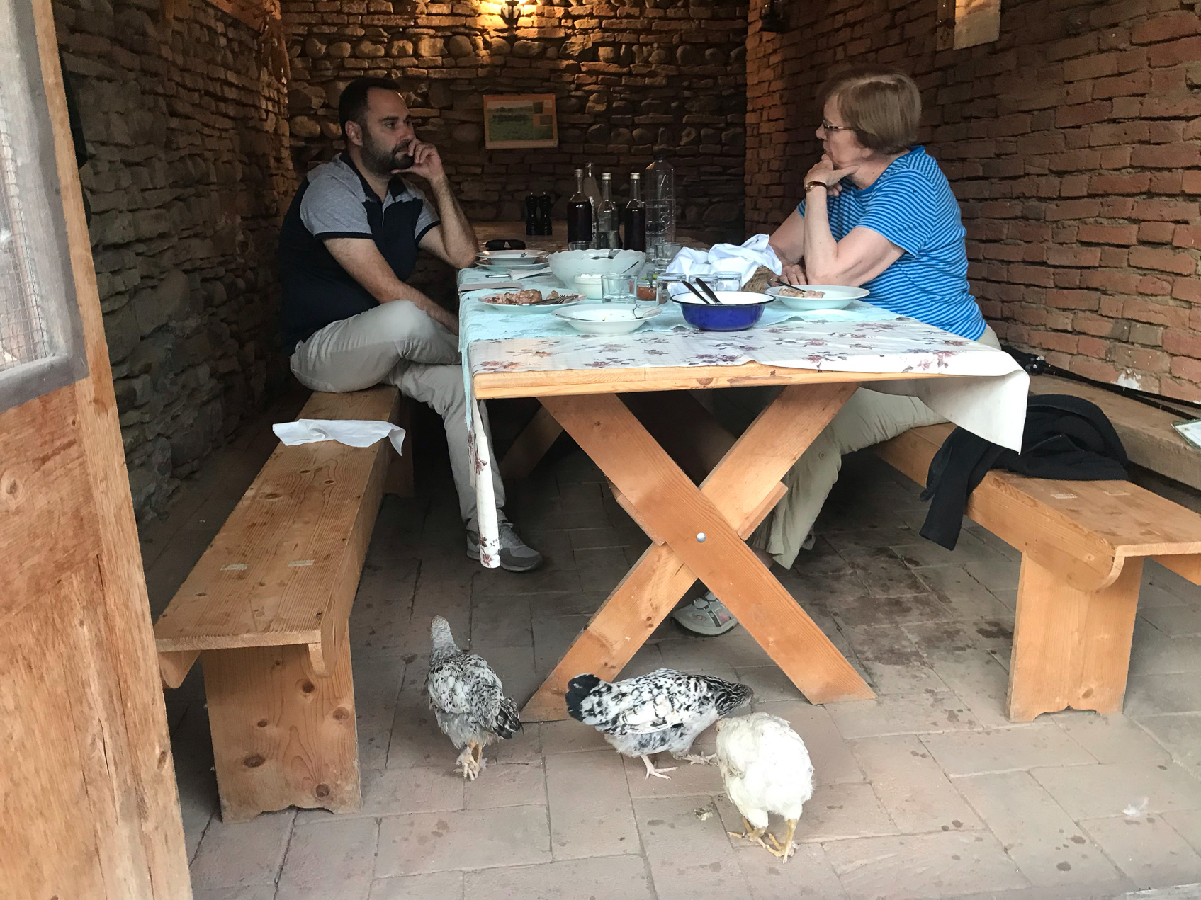 Our guide Andrei and Susan discuss Romanian life while dessert is being prepared.